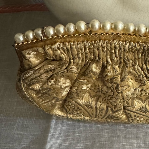 Vintage 1930’ Silk Brocade Evening Purse Small Metallic Bag with Faux Pearl - Picture 6 of 13
